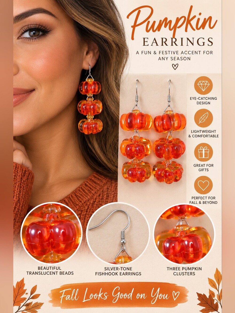 Pumpkin Cluster Drop Earrings - Orange -